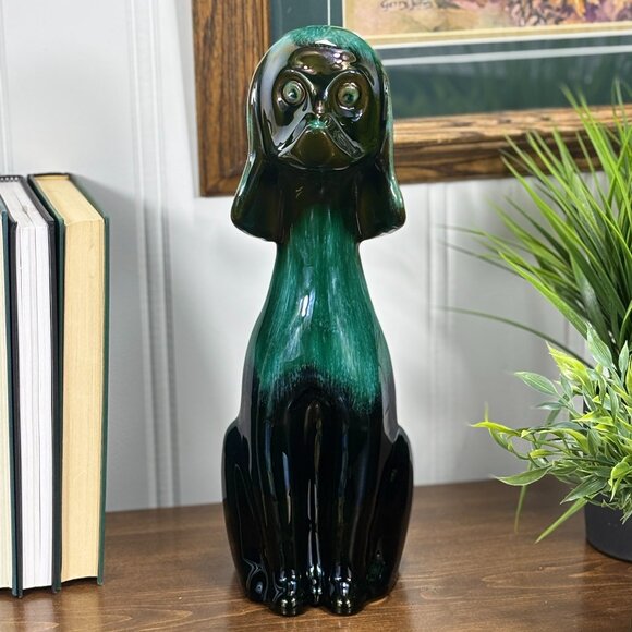 Vintage Blue Mountain Pottery Dog Statue Large Green Drip Glaze Ceramic Puppy - Picture 1 of 12